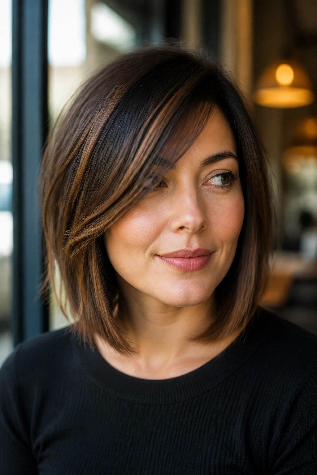Real woman with face-framing lob and diagonal bangs portrait