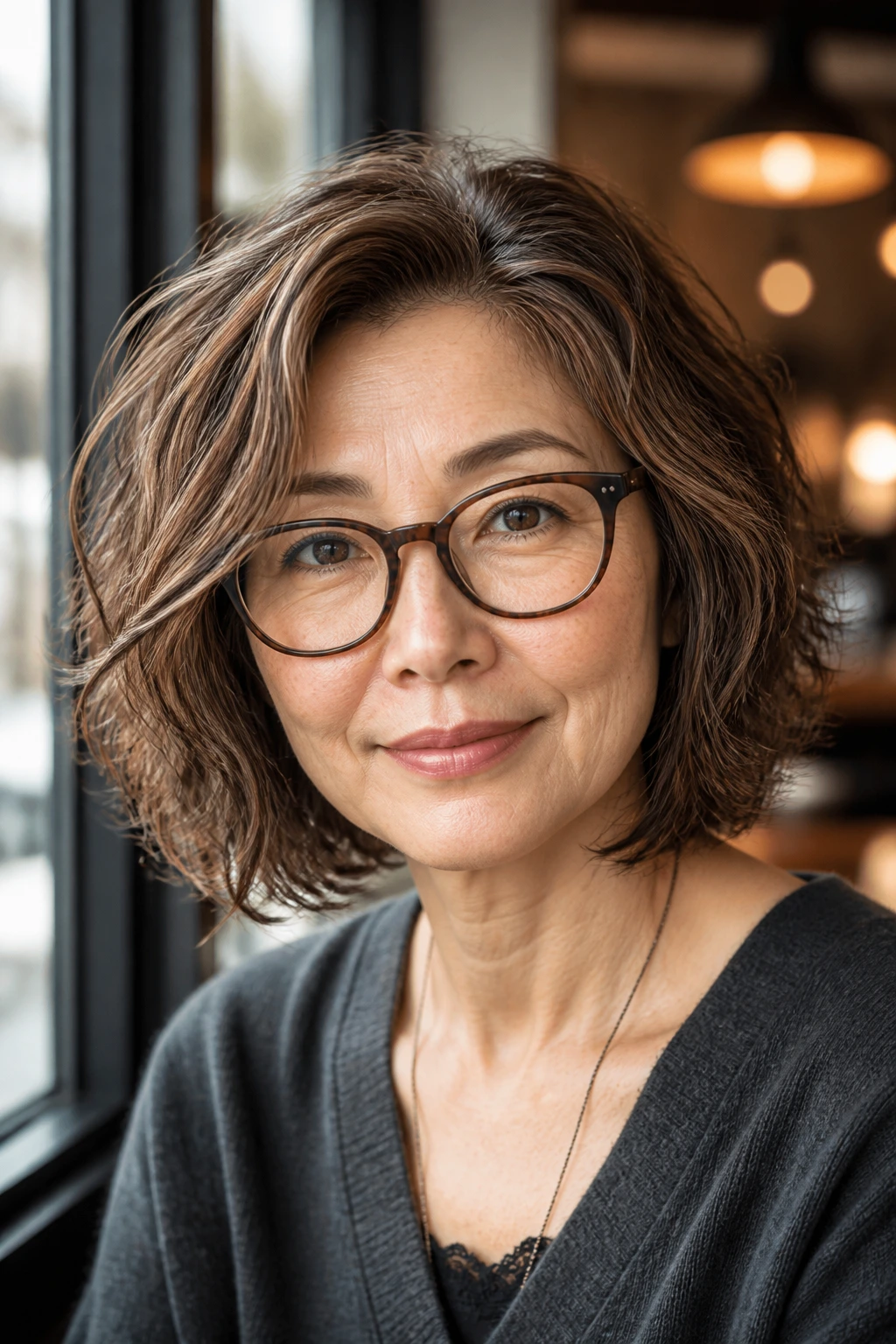 Woman wearing glasses with face-framing lob that clears glasses lines.