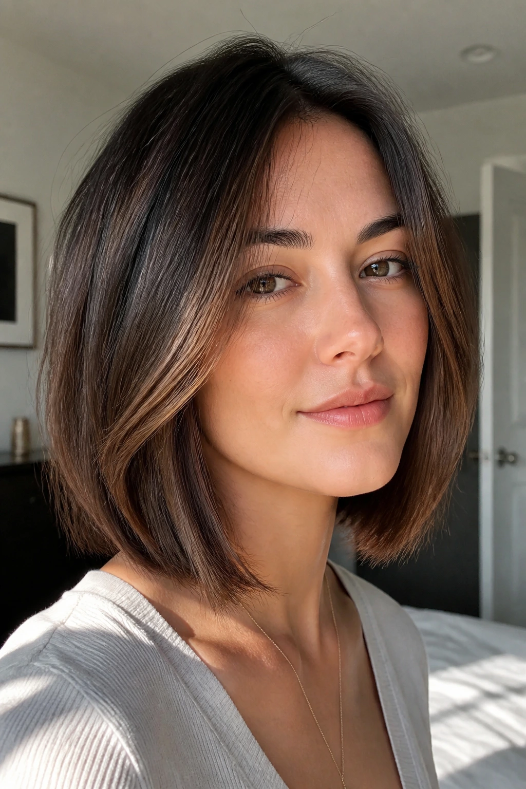 Close-up of a real woman with face framing lob front pieces around chin and jawline