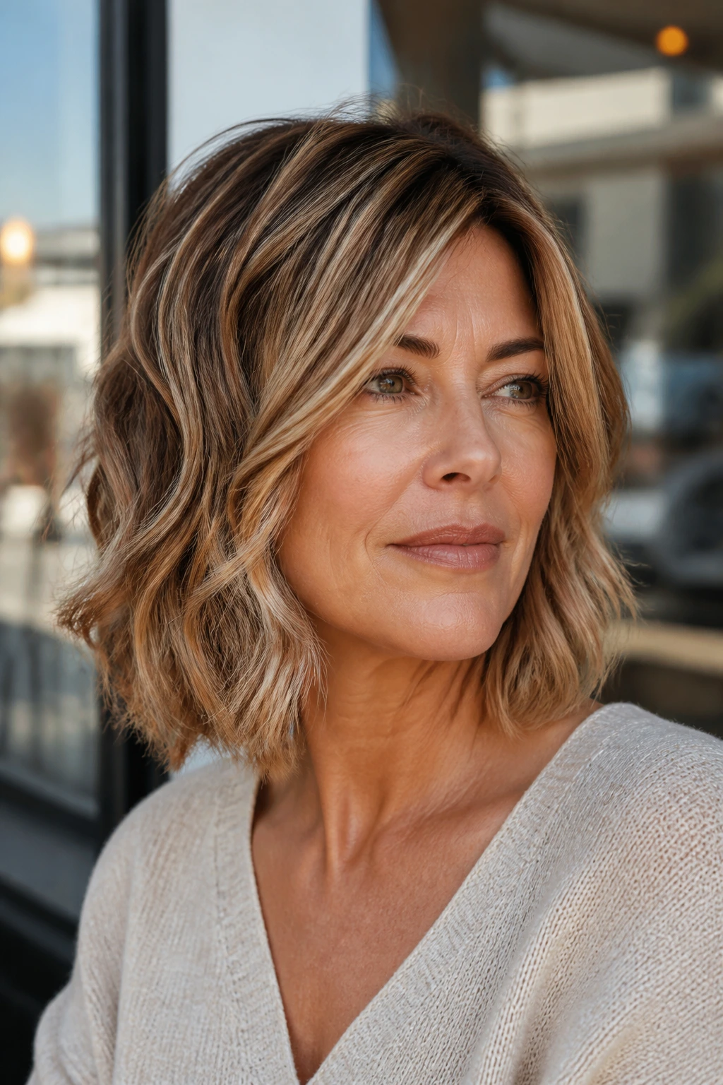 Real woman with lob featuring face-framing layers in daylight
