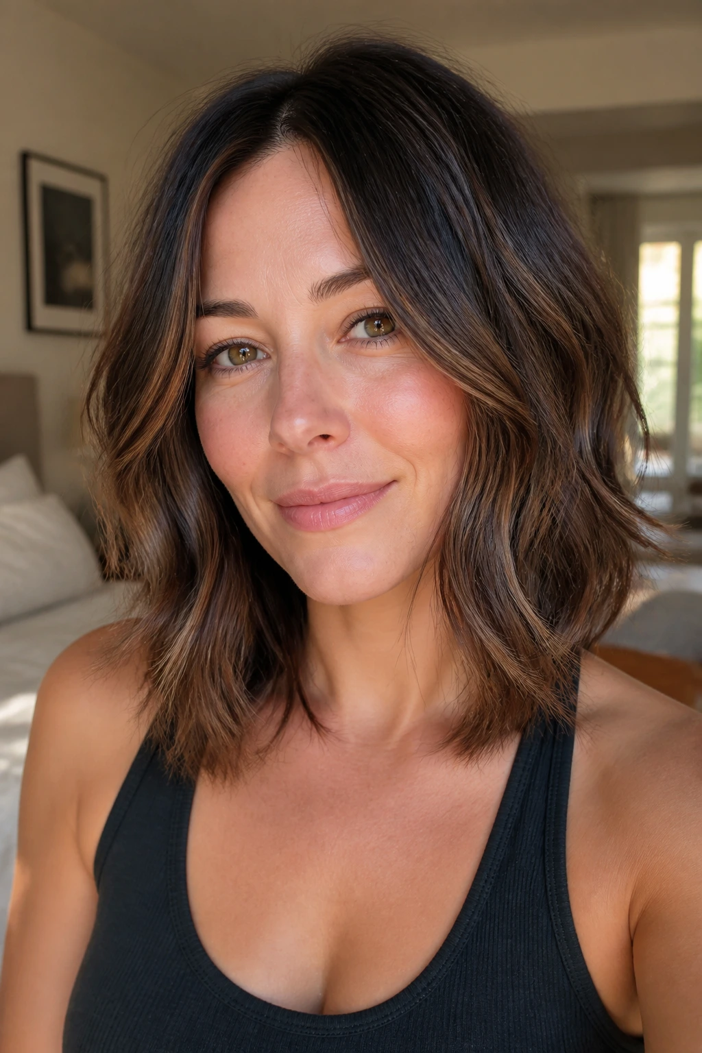 Close-up portrait of a real woman with face-framing lob and long layers in sunlit bedroom.