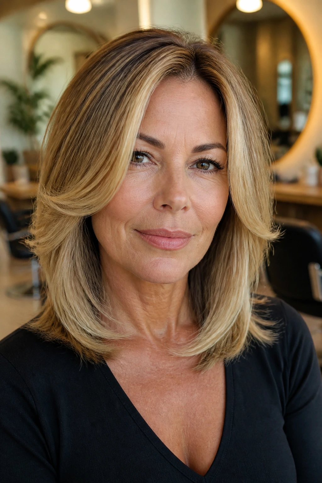 Close-up of a real woman with a face-framing lob and outward flip in a salon setting
