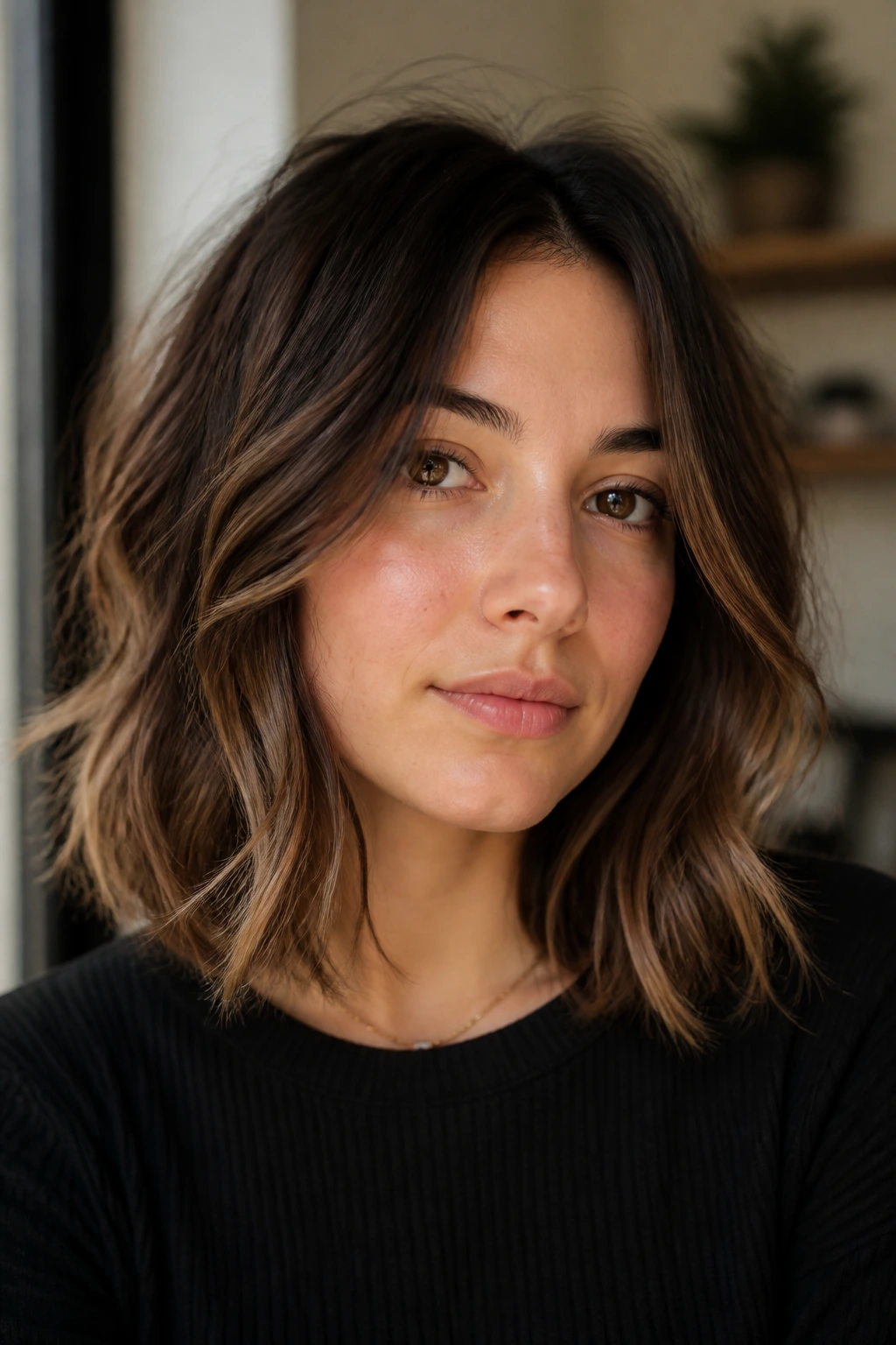 Real woman with textured lob and face-framing pieces highlighted