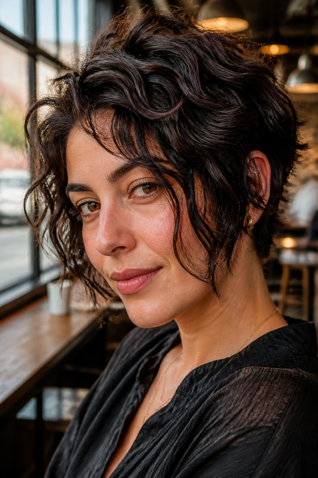 Close-up of a real person with long-front pixie bob framing the face