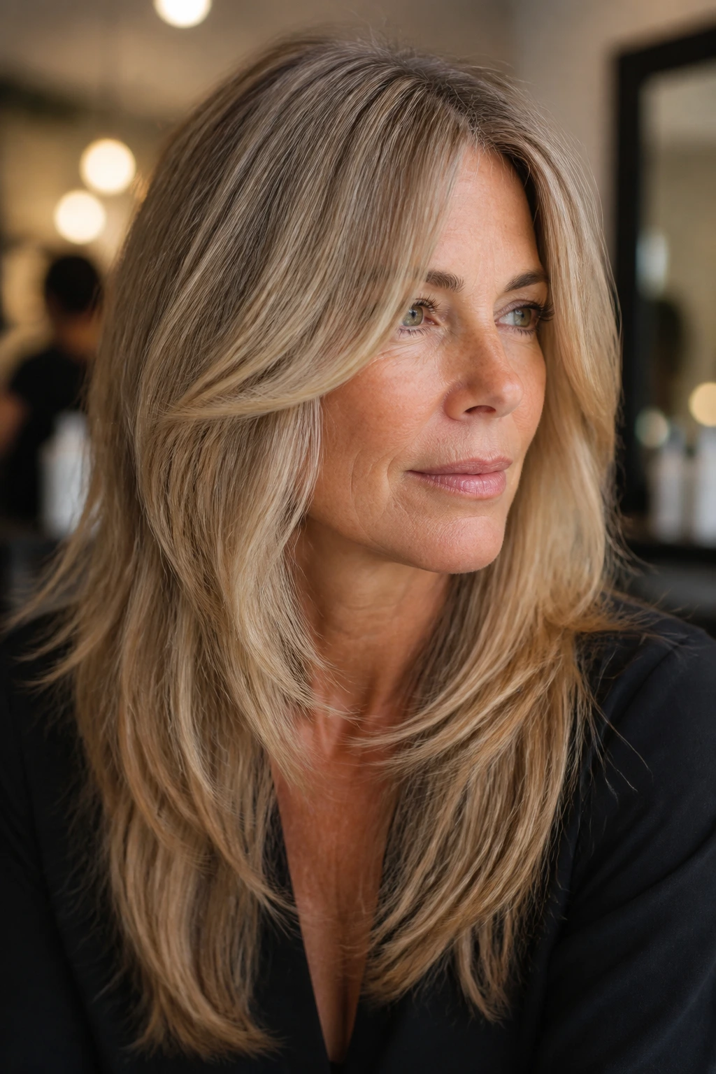 Portrait of a woman with face-framing long layers around the face