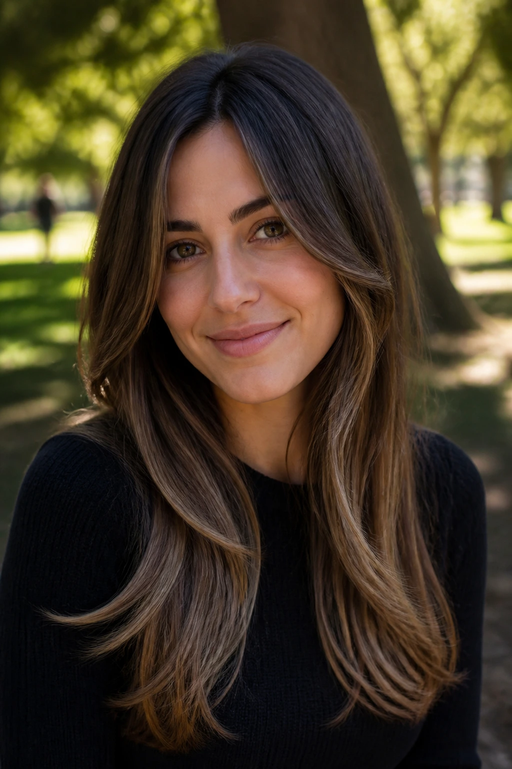Portrait of a real woman with face-framing long layers outdoors
