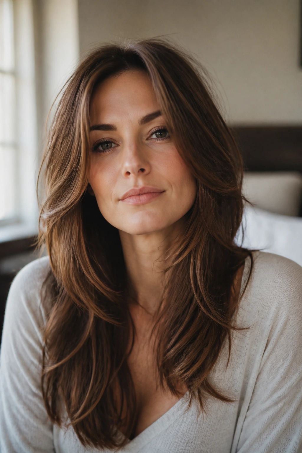 Close-up portrait of a real woman with long hair framing a square face illustrating the face-framing difference