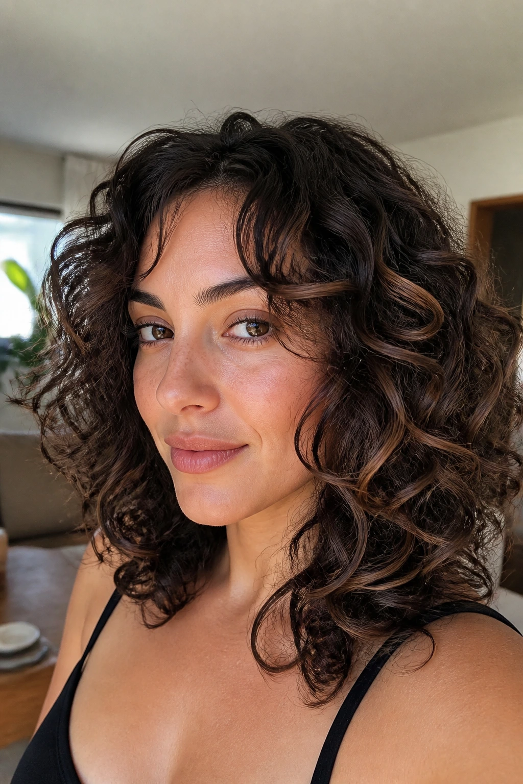 Close-up of a real woman's face with curly hair featuring face-framing layers and dark roast lowlights near temples