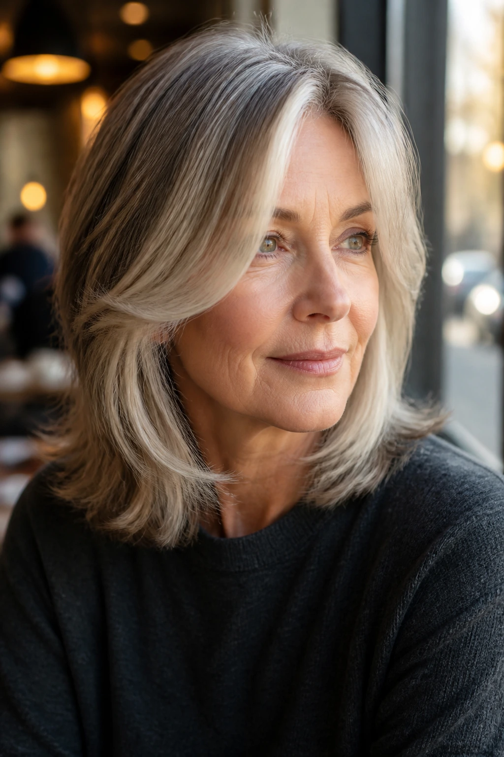 Close-up portrait of a woman with face-framing mid-length cut in warm cafe window light