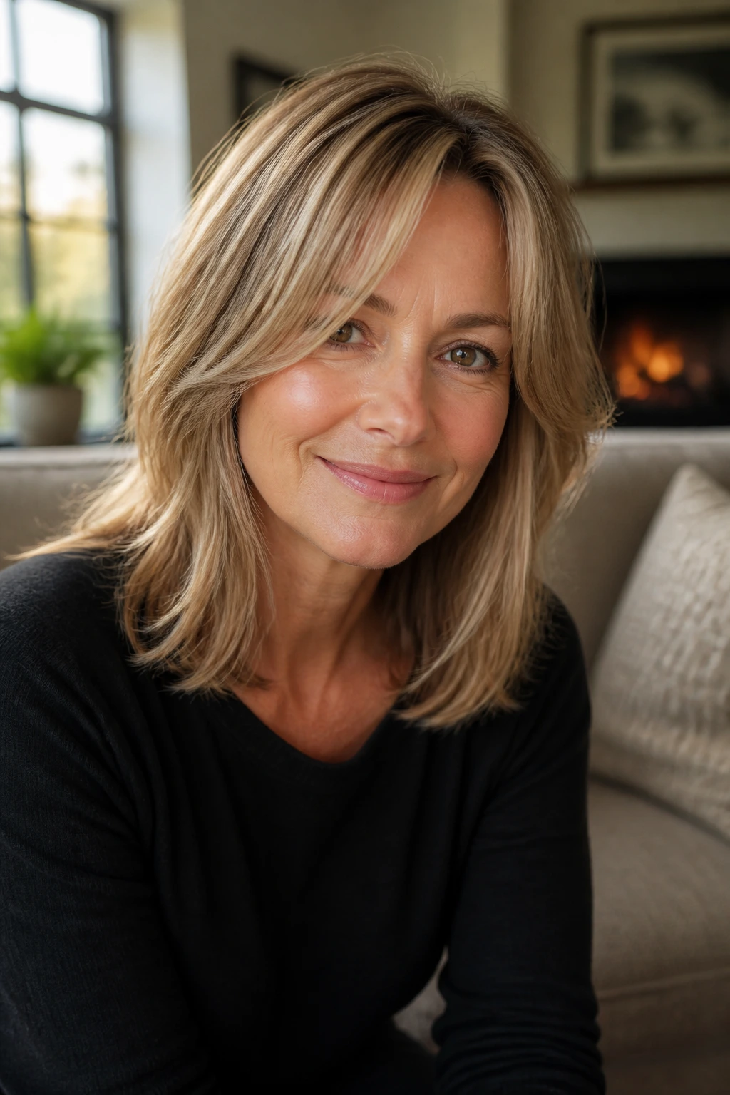 Close-up portrait of a woman with a shoulder-length face-framing mid-length haircut