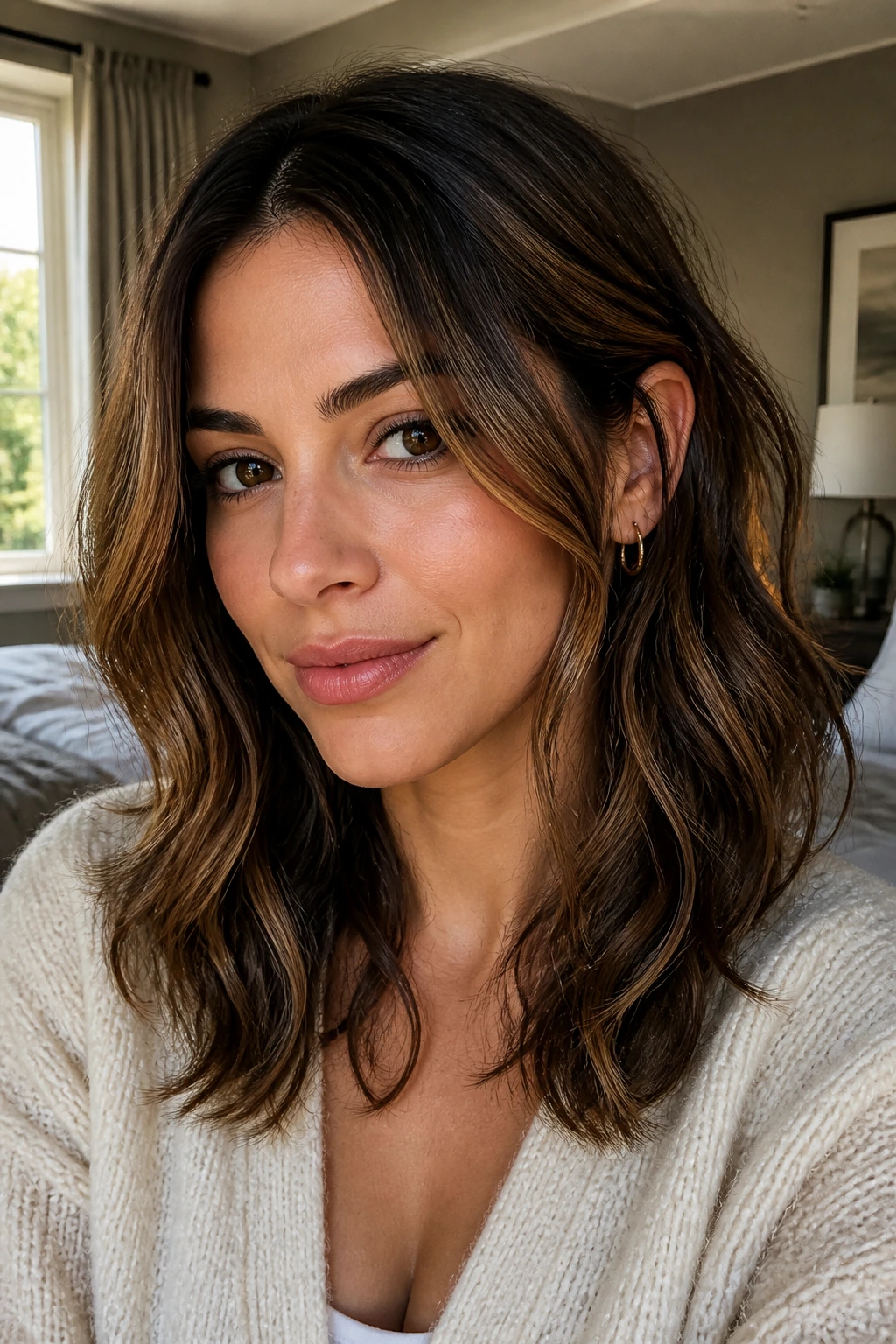 Close-up of a real woman with face-framing mid-length layers around chin area