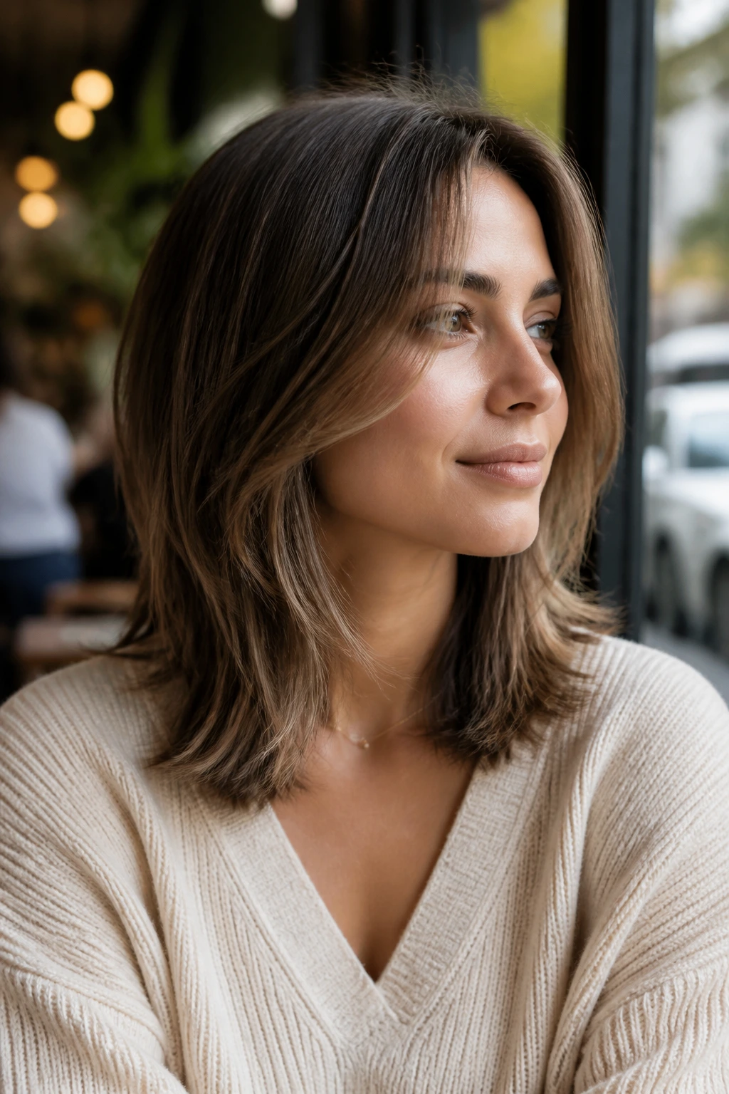 Portrait of a real woman with a face-framing midi cut framing the jaw