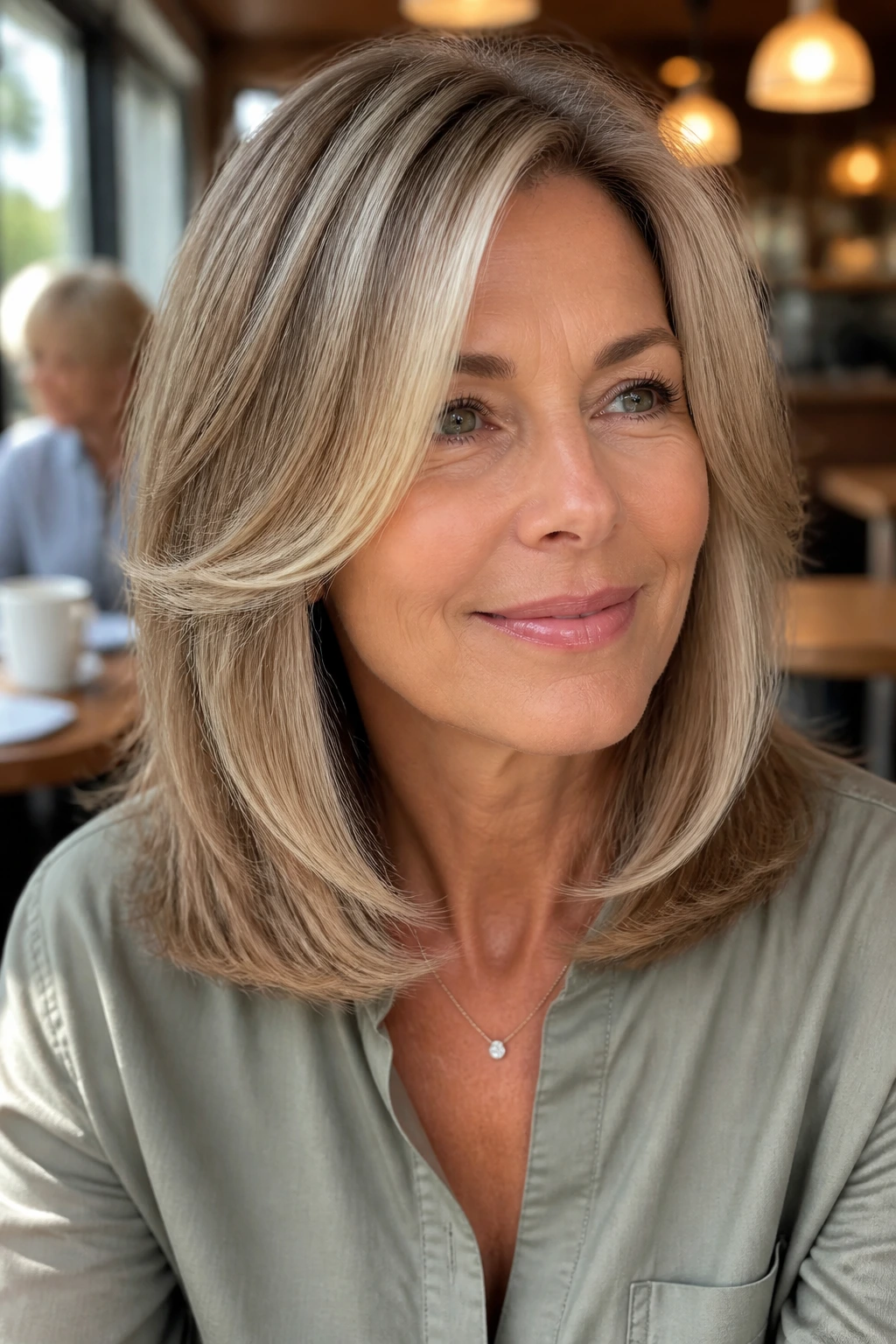 Close-up portrait of a woman with midlength hair and soft swoop layers framing the face