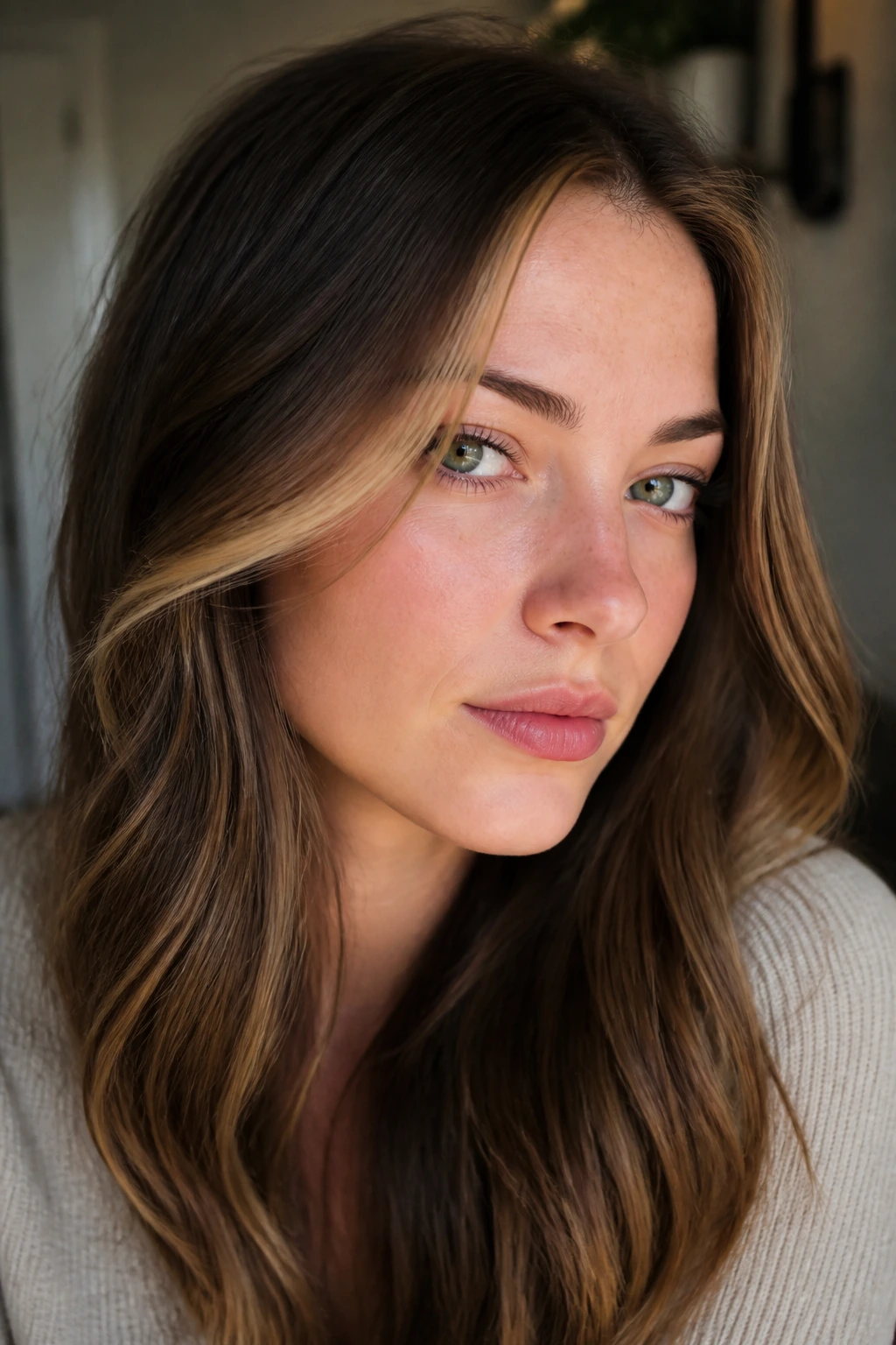 Face-framing money piece around cheekbone on a fair-skinned model