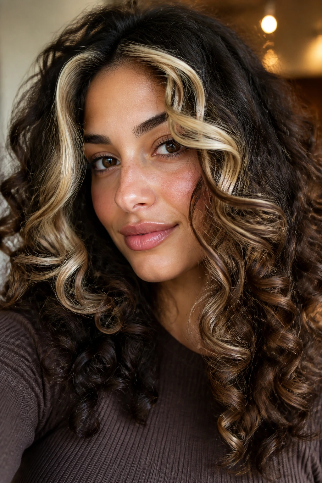Close-up of dark curls with chunky face-framing money pieces