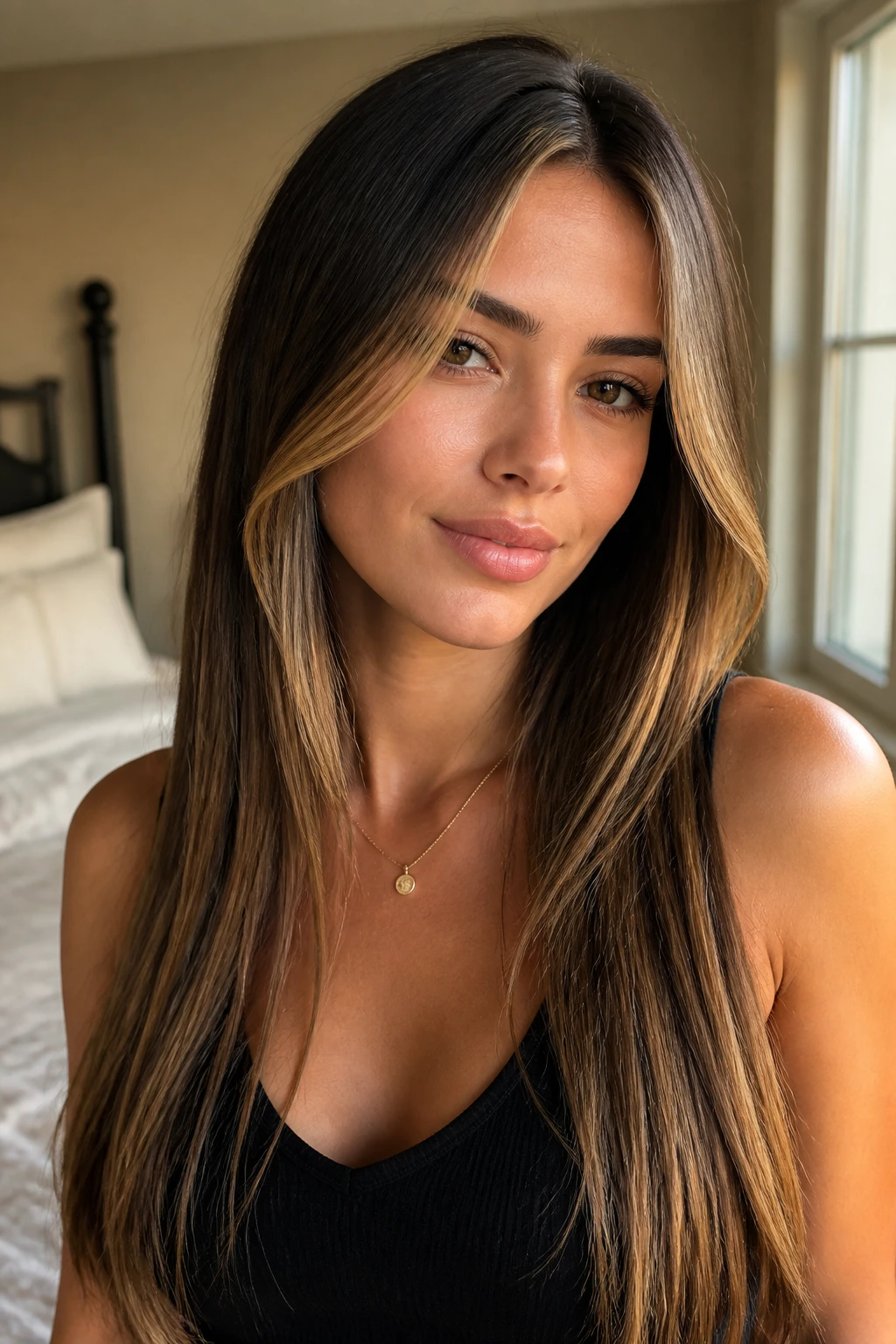 Close-up portrait of a real woman with face-framing money-piece layers on straight hair, cheekbone-to-chest front pieces