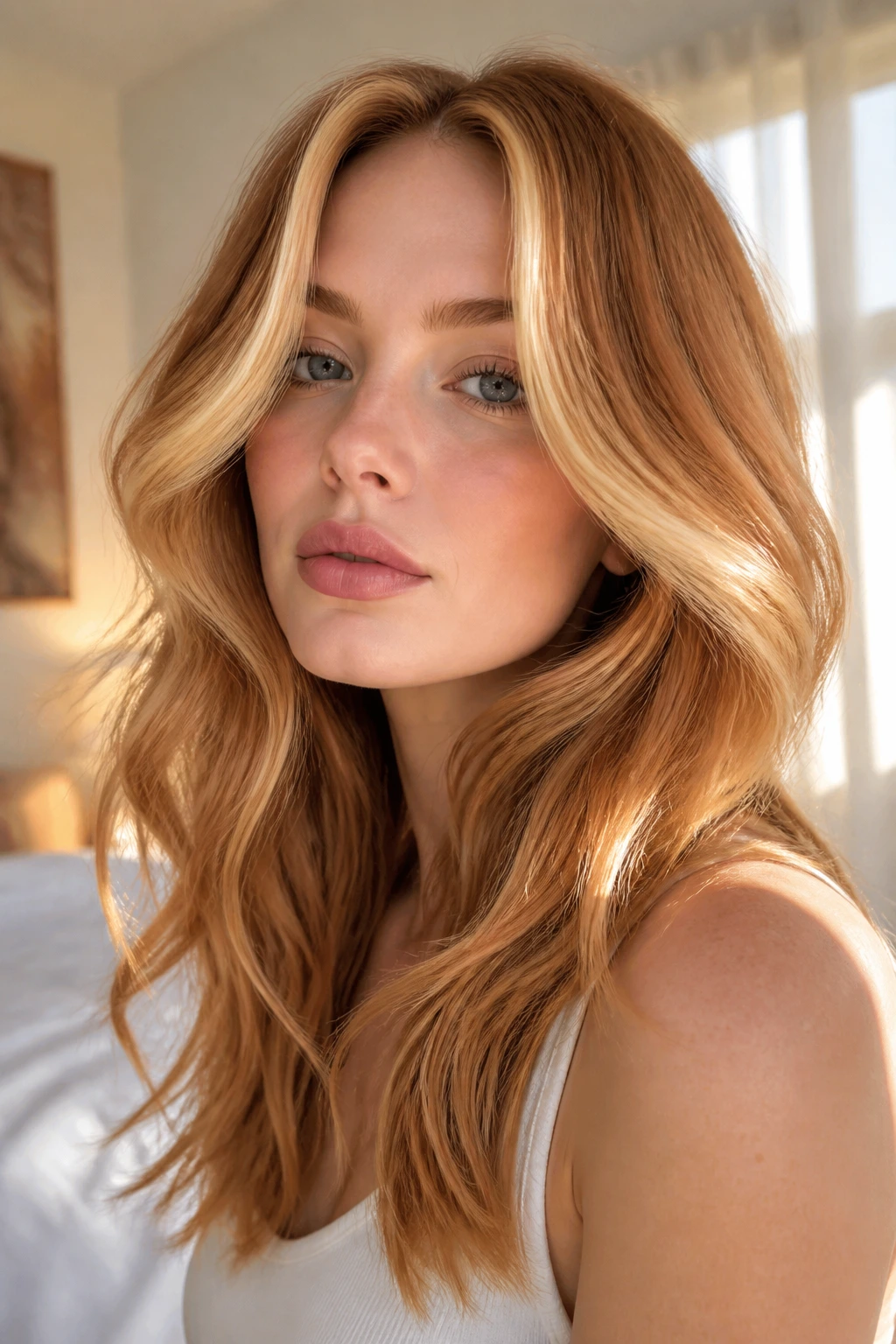 Close-up portrait of a real woman with face-framing money-piece highlights in strawberry-blonde hair