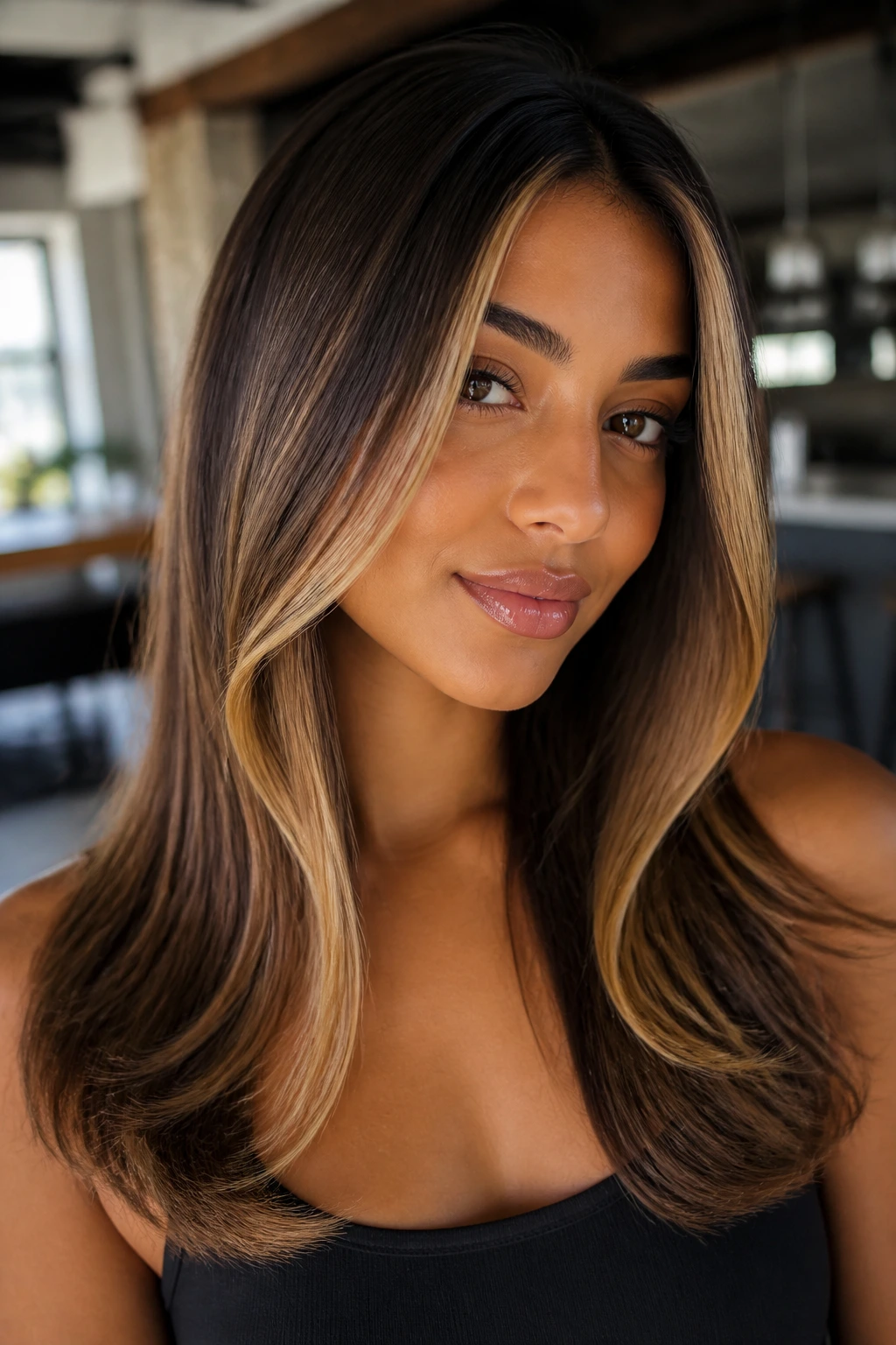 Close-up of a real woman with face-framing money pieces on tan skin and sleek blowout