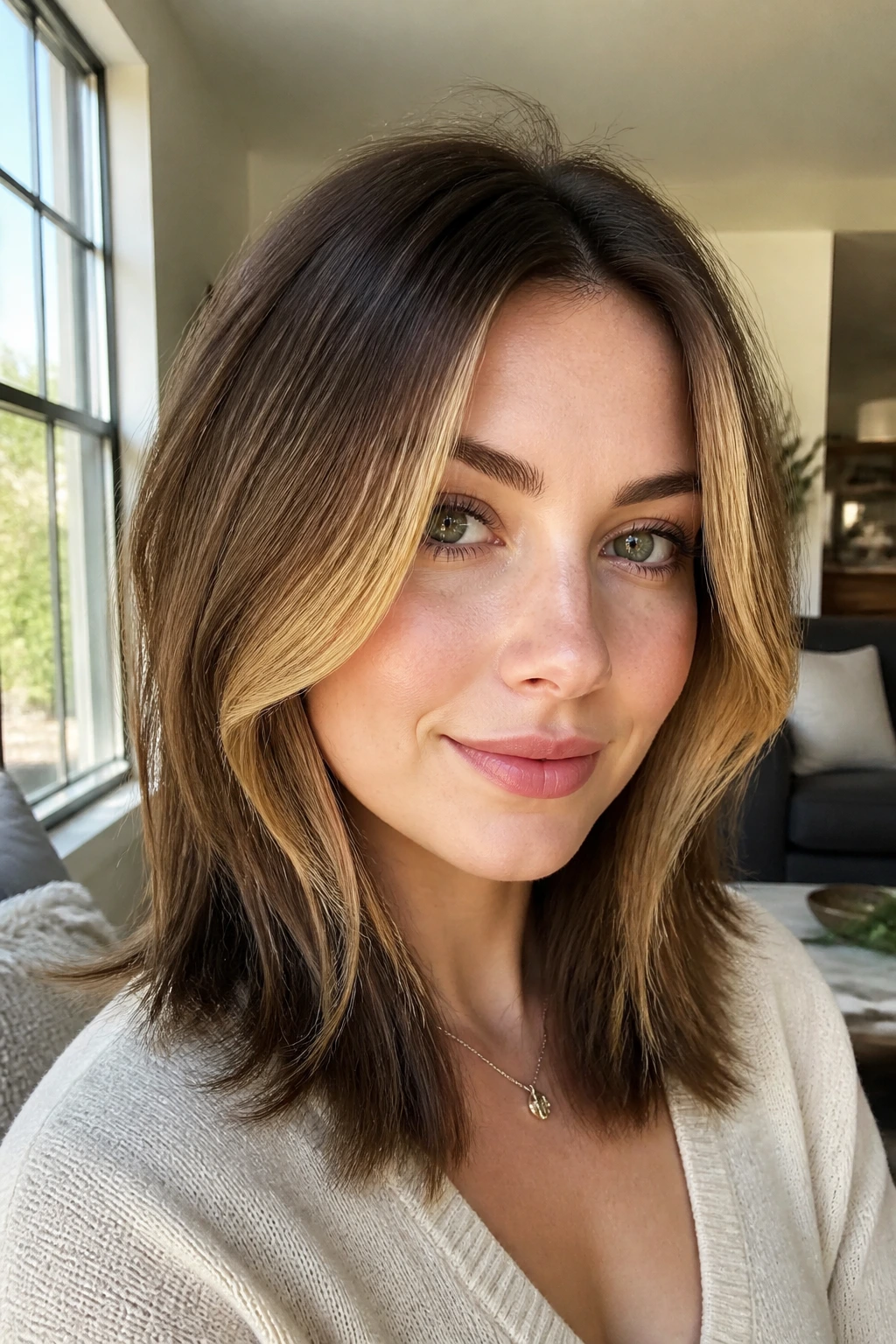 Face-framing layers with bright money pieces on a real woman's brunette hair near the face