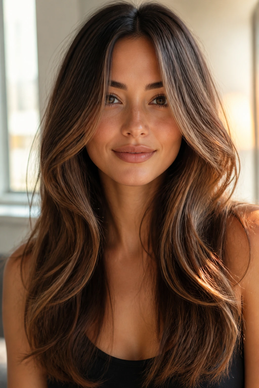 Portrait of a real woman showing a mood-friendly face-framing hairstyle with center part