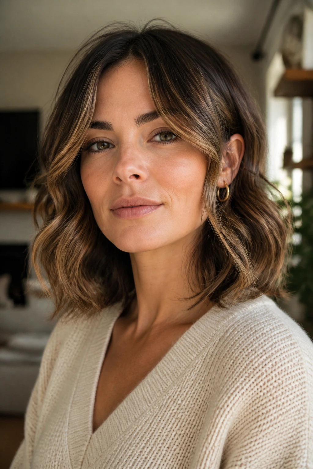 Close-up of a real woman with soft face-framing pieces framing the jaw in warm window light.