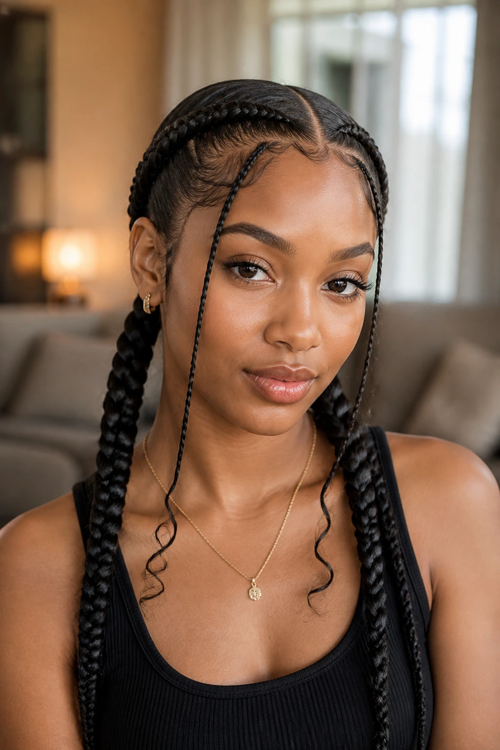 Close-up of a real Black woman's face with front-framing pigtail braids