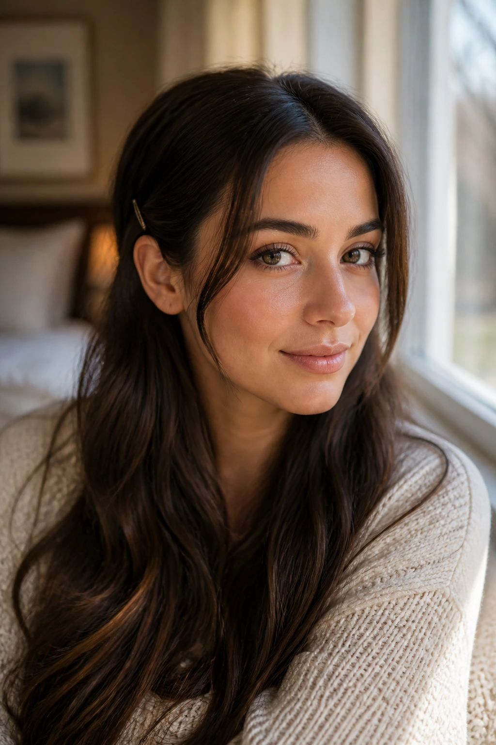 Close-up of a real woman with front hair pinned back, face-framing length loose