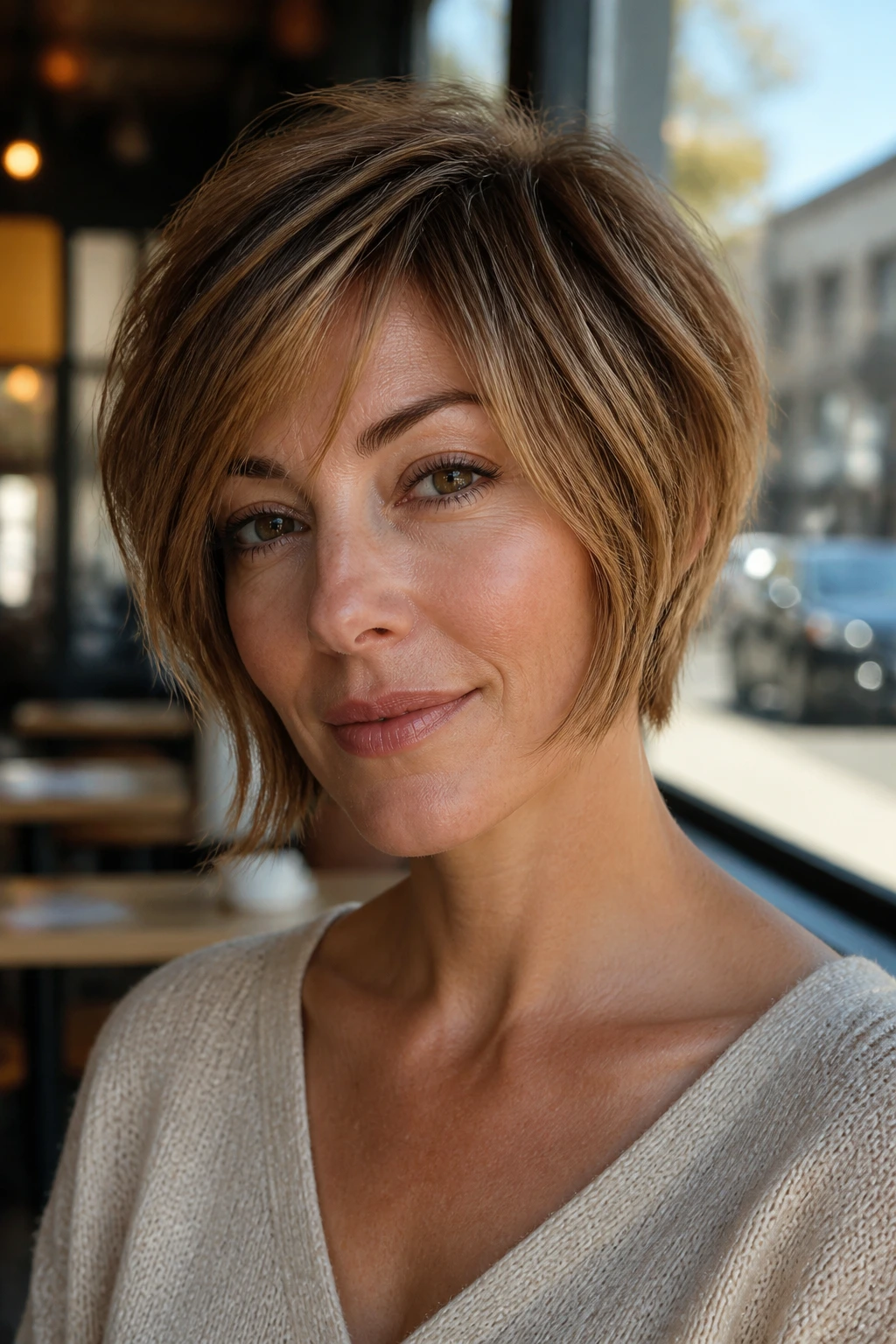 Close-up of a real woman with a jaw-skimming face-framing pixie bob