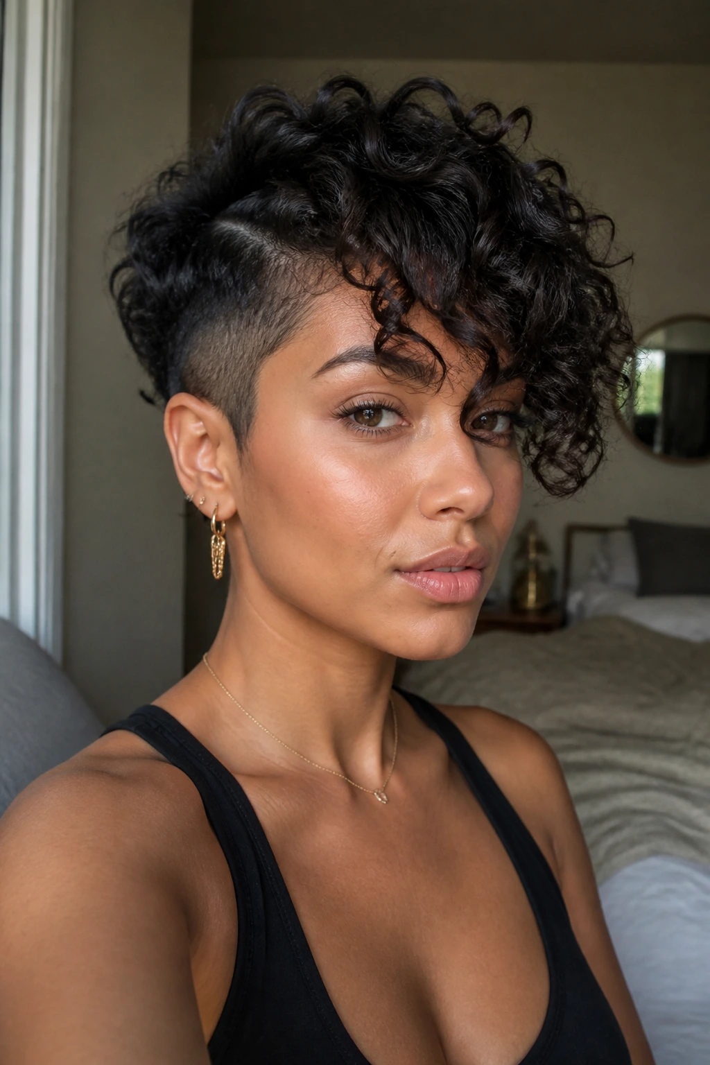 Close-up portrait of a real woman with a long fringe on a face-framing pixie and shaved sides.