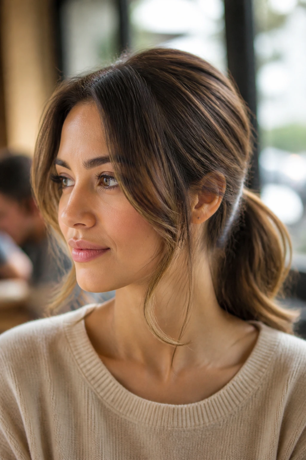 Close-up of a real woman's face-framing ponytail with curved ends