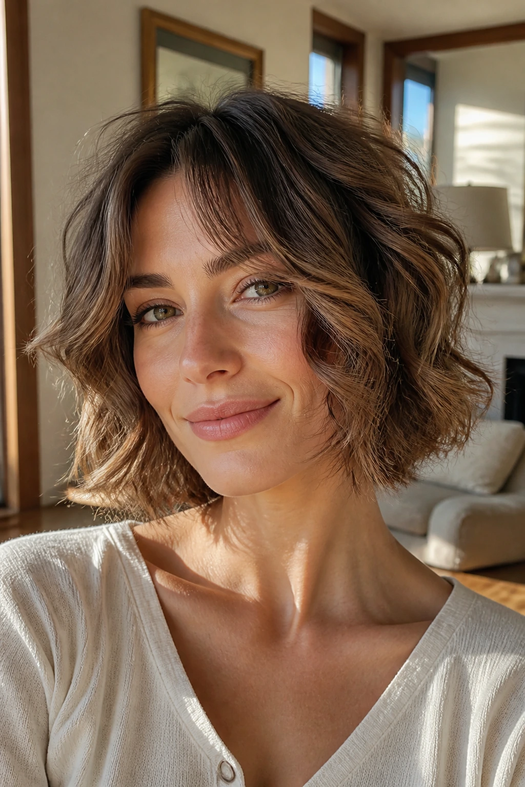 Close-up portrait of a real woman with a face-framing razor bob in a sunlit living room.