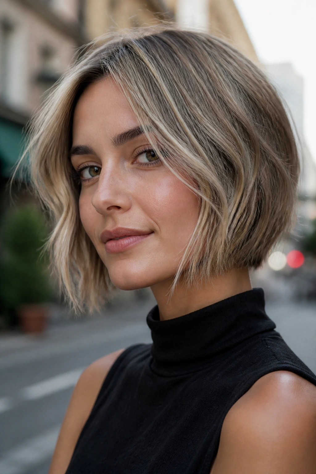 Real woman with face-framing ribbon bob featuring thin light ribbons around face.