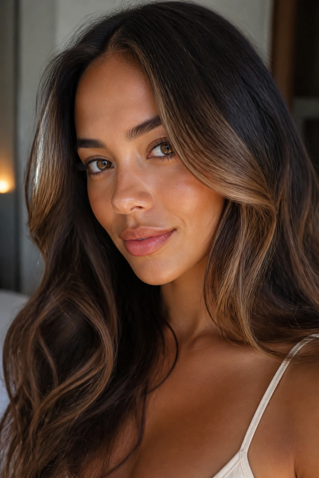 Face-framing chestnut caramel ribbons around cheeks