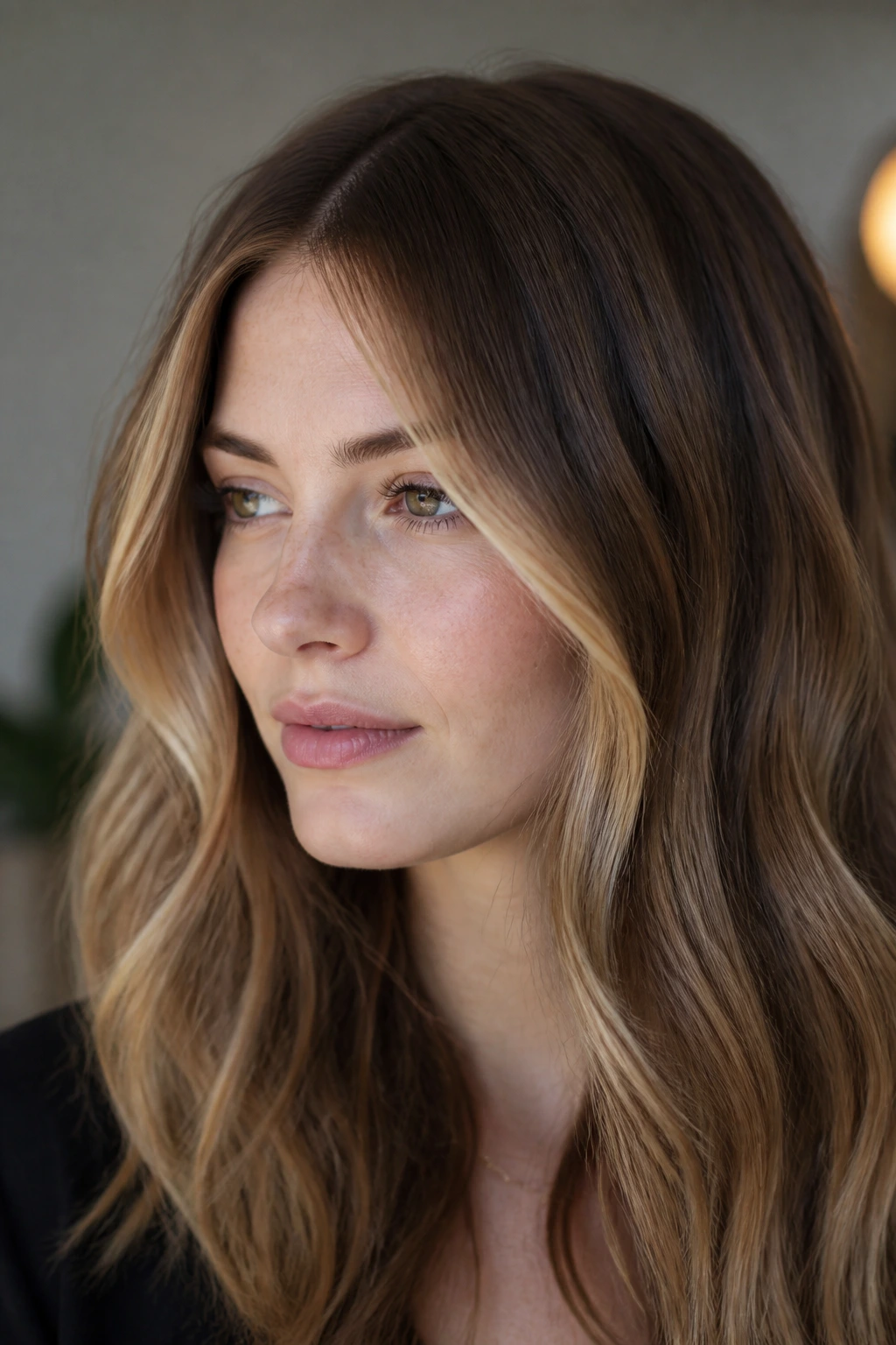 Portrait of a pale-skinned woman with face-framing honey ribbons along the cheeks.