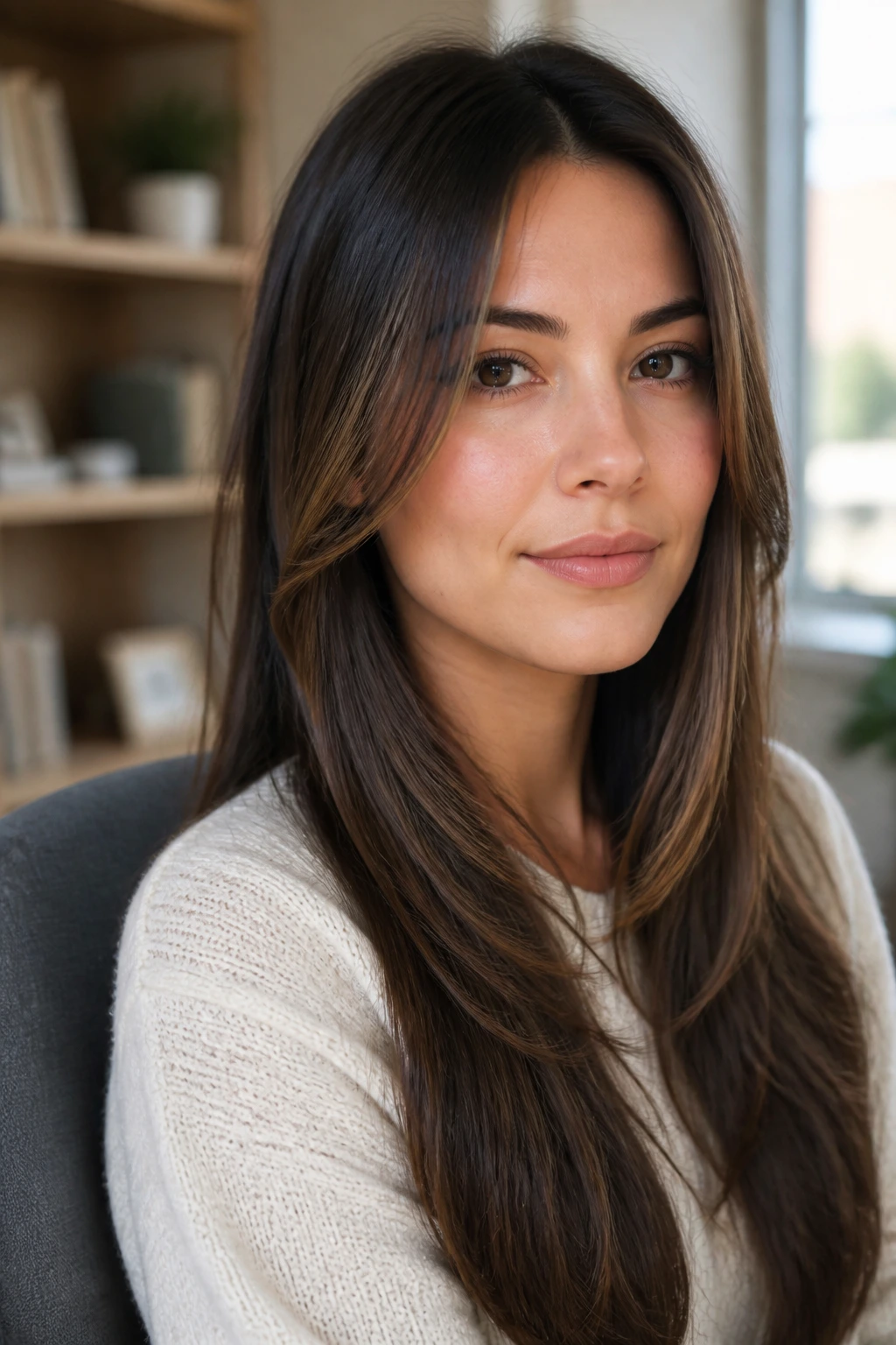 Close-up portrait of a real woman with long hair featuring face-framing ribbons.