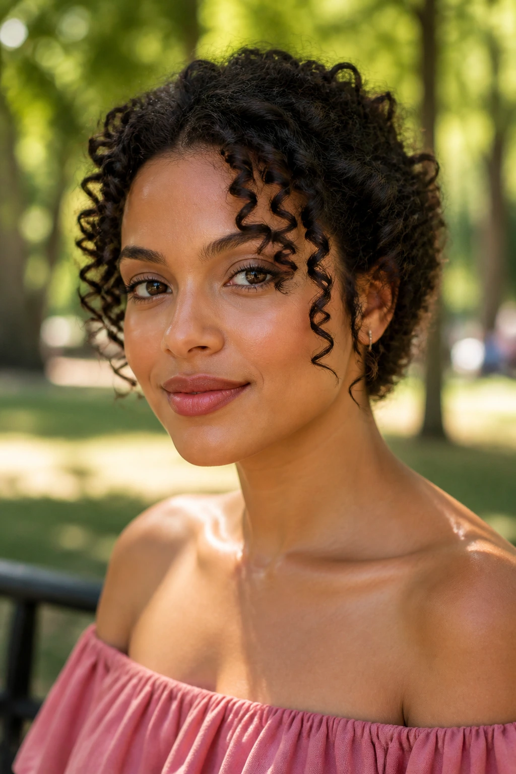 Close-up of natural curls with face-framing ringlets around cheeks