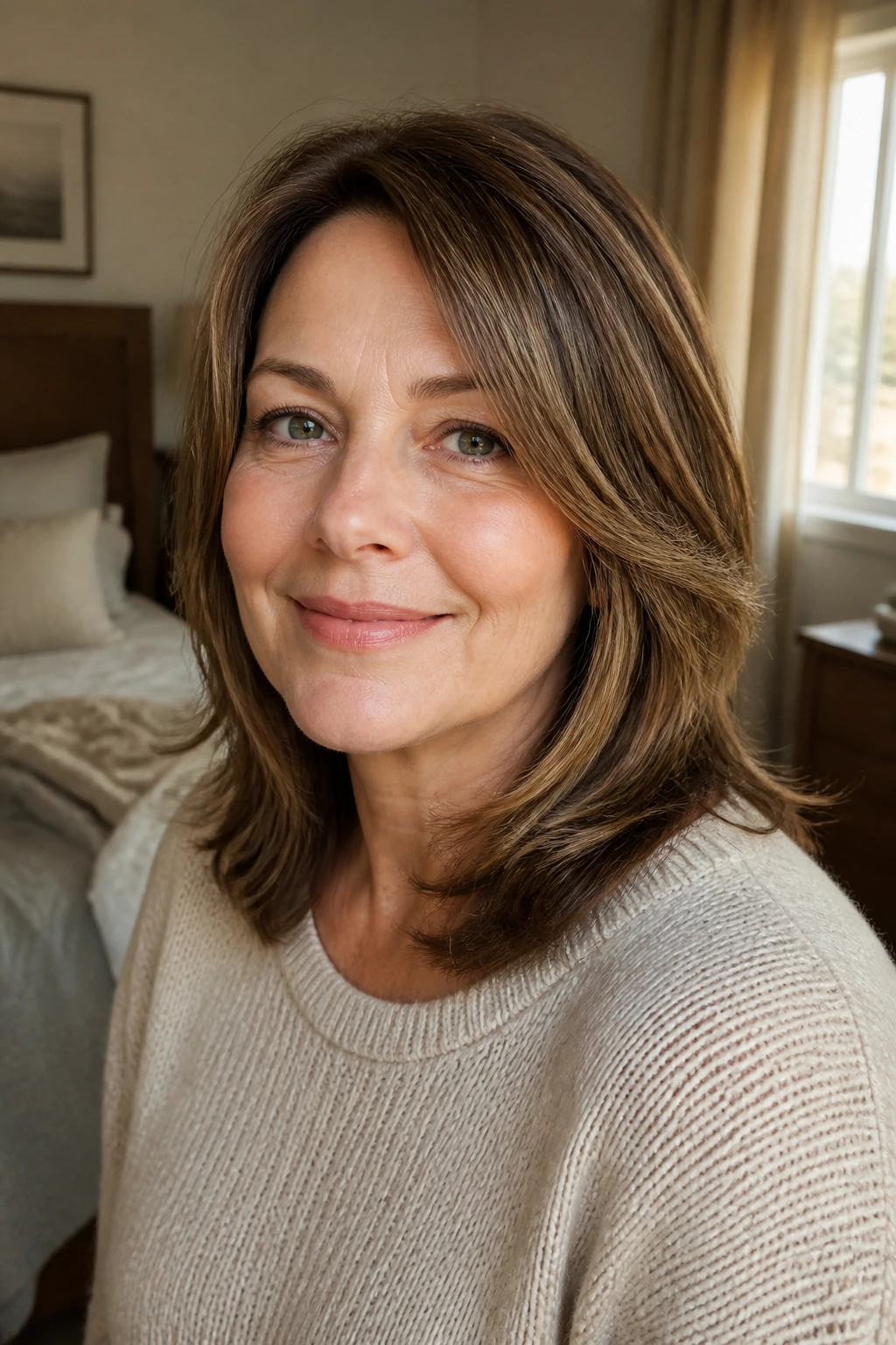 Close-up portrait showing face-framing layers on a real woman with a round face.
