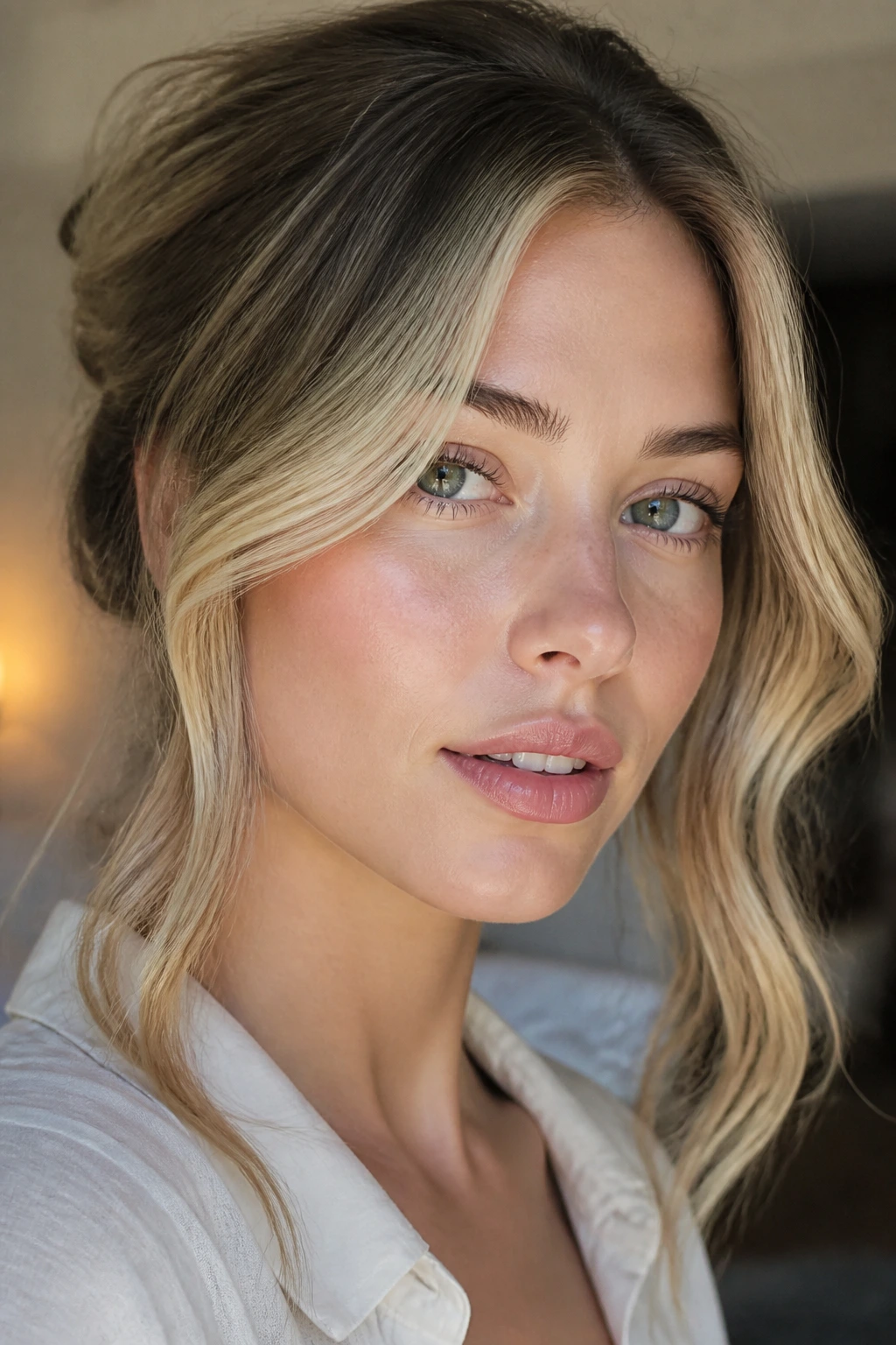Pale-skinned woman with bright face-framing sandy blonde around the eyes
