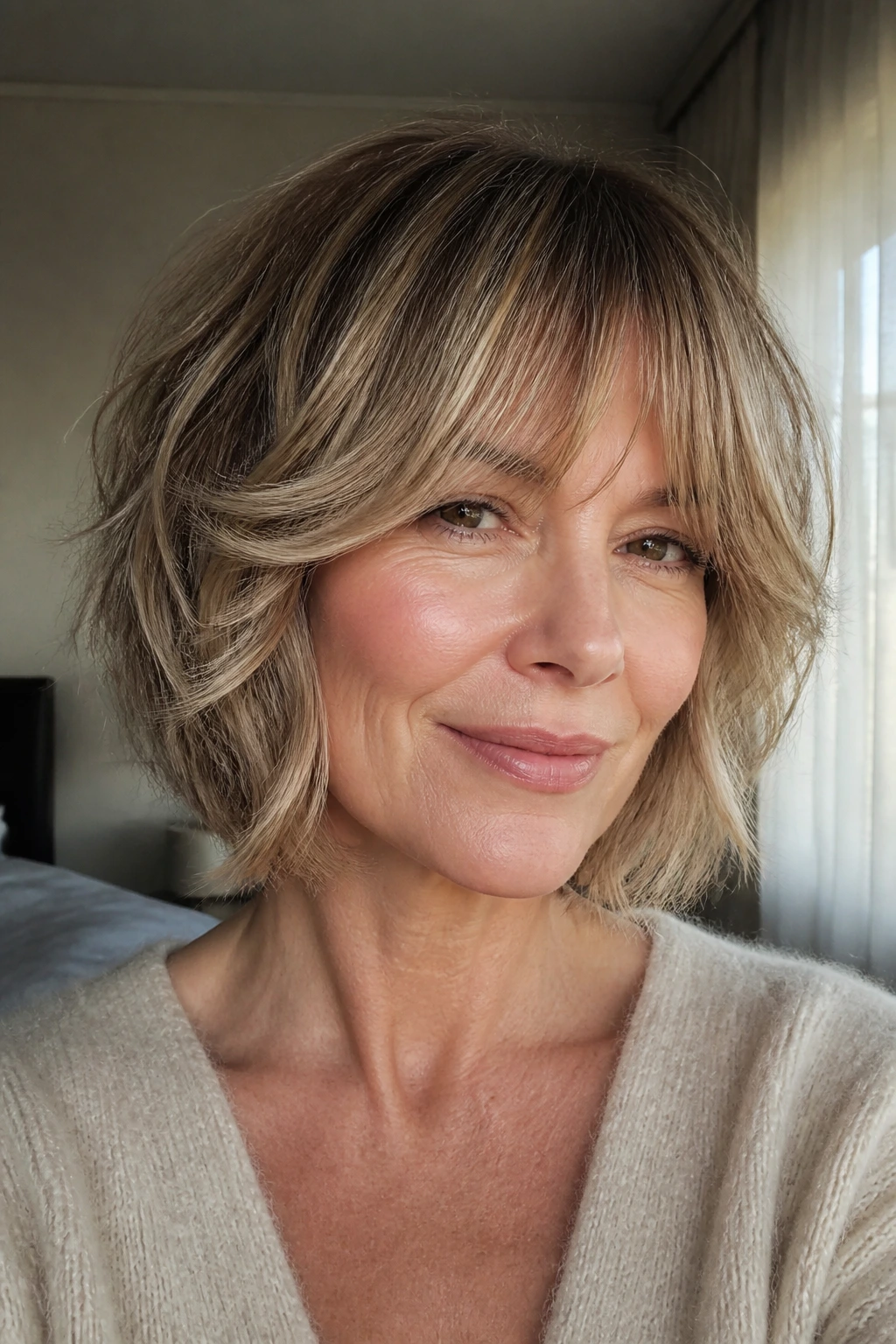 Close-up of a real woman with face-framing shag bob and sweeping bangs in warm window light.