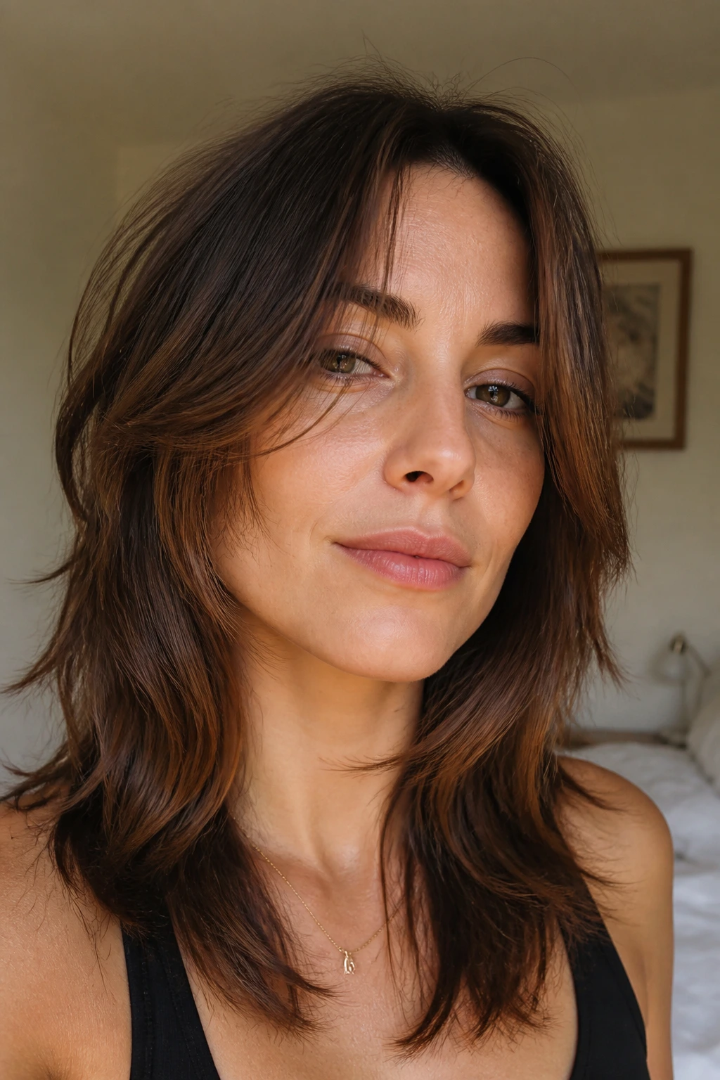 Close-up of a real woman with a face-framing shag highlighting cheekbones under warm window light