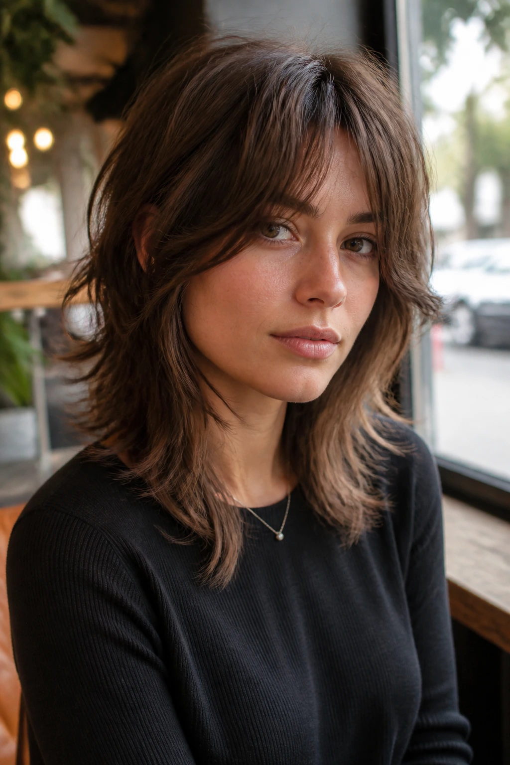 Portrait of a person with long-front-face-framing shag pieces around the face.
