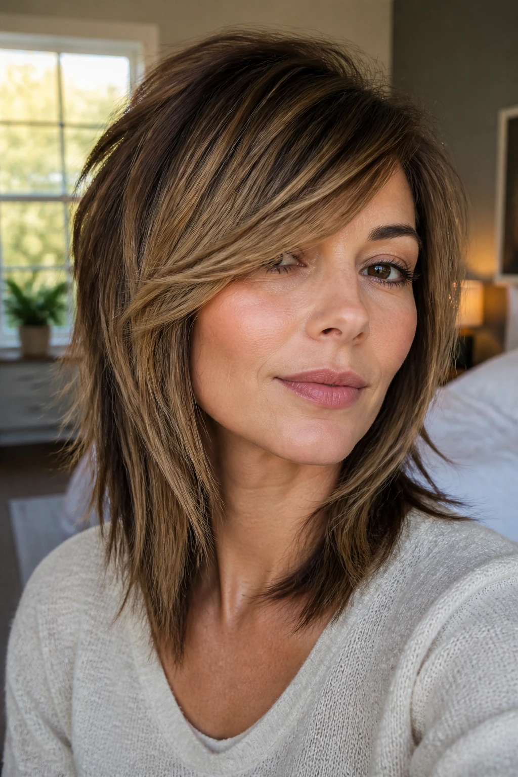 Close-up portrait of a real woman with face-framing angled shag and side-swept bangs in warm window light
