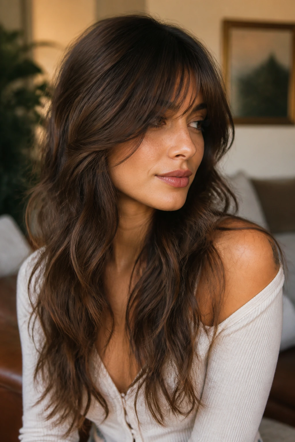 Close-up portrait of a real woman with long face-framing shag and thick wavy hair in warm window light
