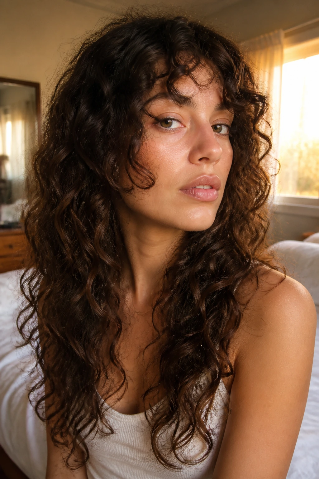 Close-up portrait of a woman with long curly shag showing face-framing shape by the cheeks, warm window light