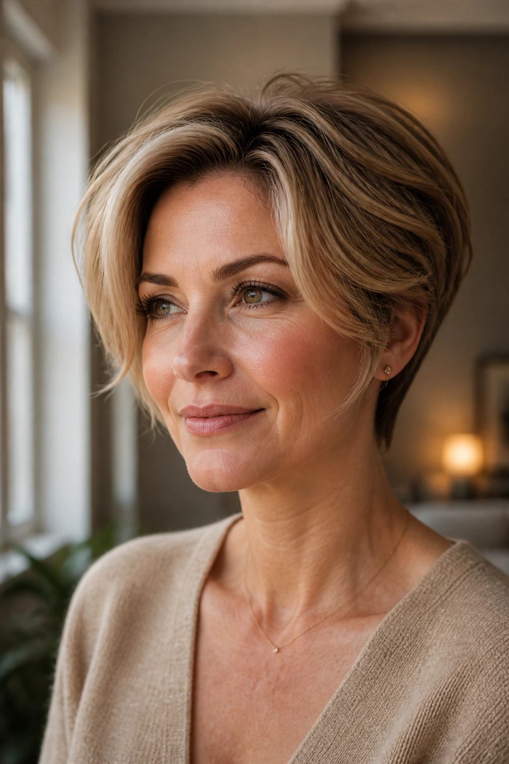 Portrait of short-haired woman styled to frame the face with curved front pieces