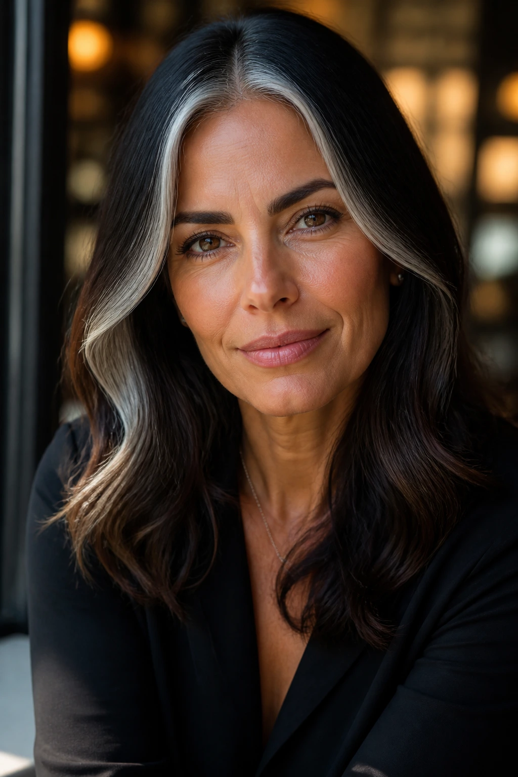 Close-up portrait of a real person with face-framing silver streaks
