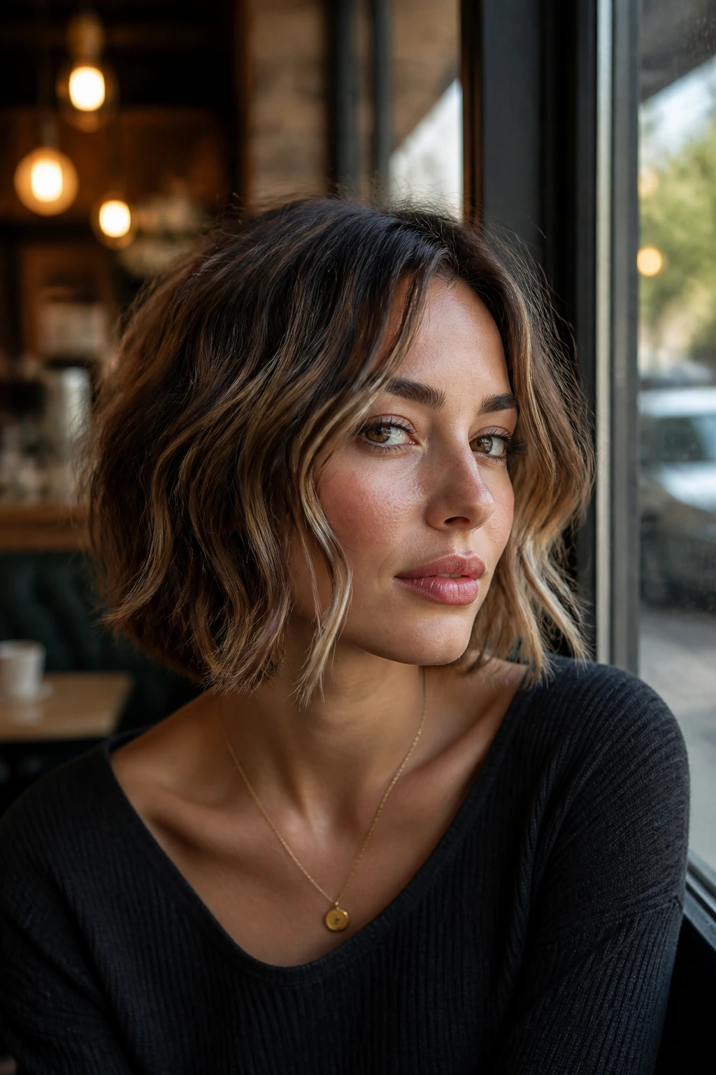 Real woman with face-framing slice bob in cafe light.
