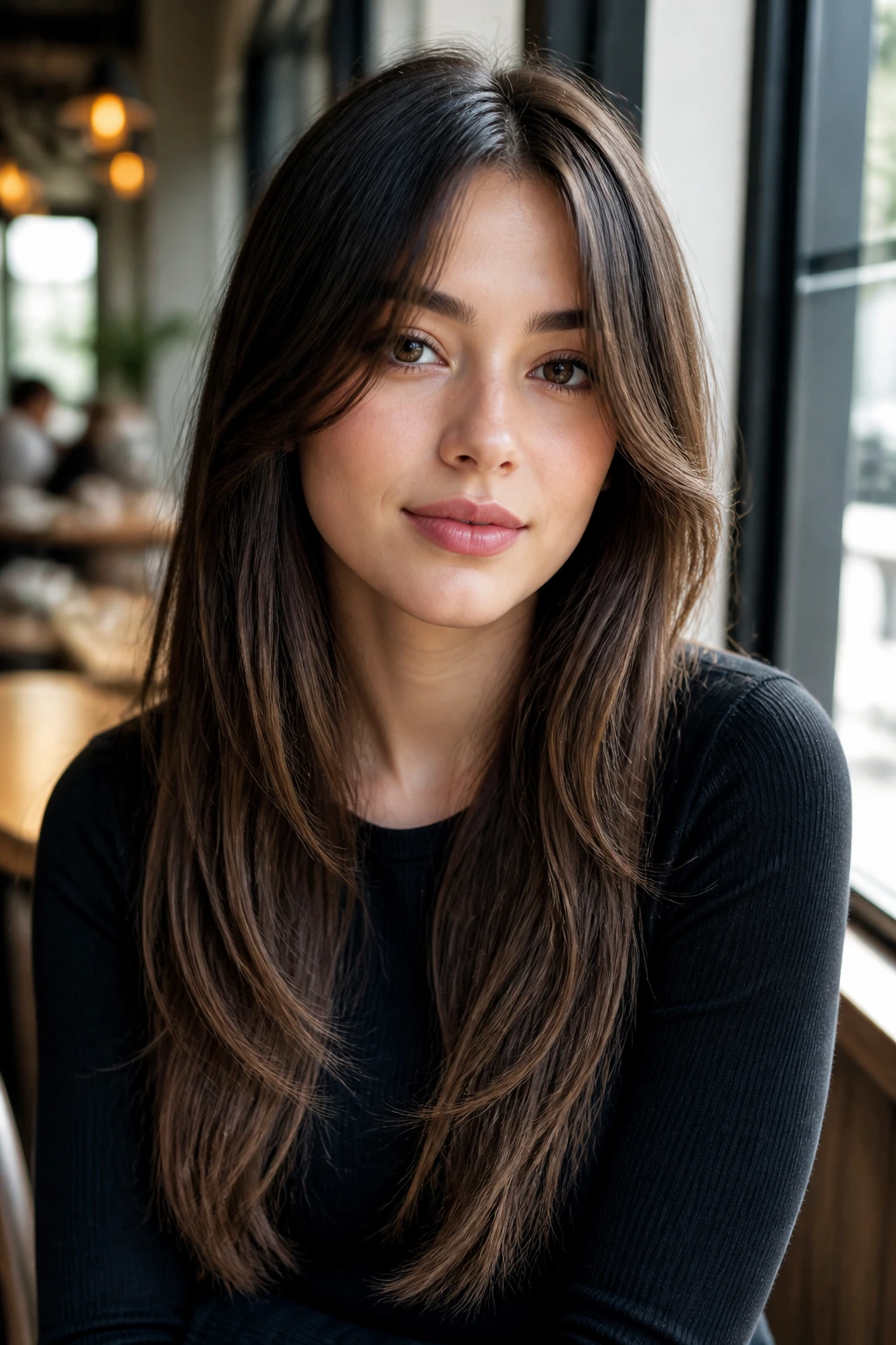 Portrait of a woman with face-framing slices for straight-textured hair