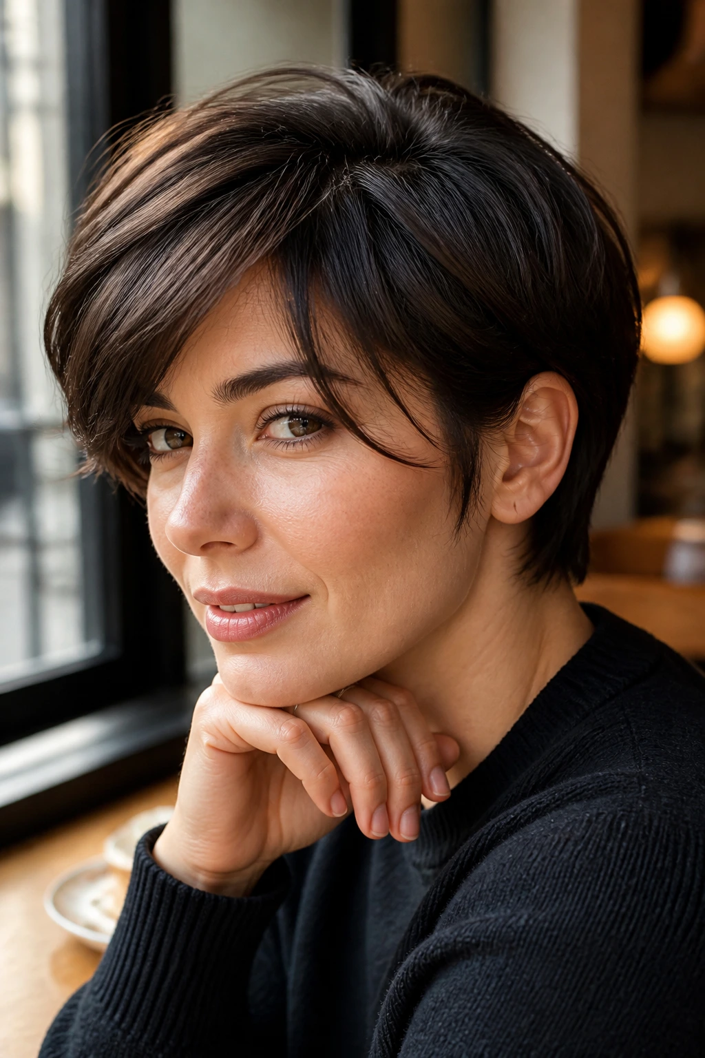Real person with short layered hair showing how to keep the face visible
