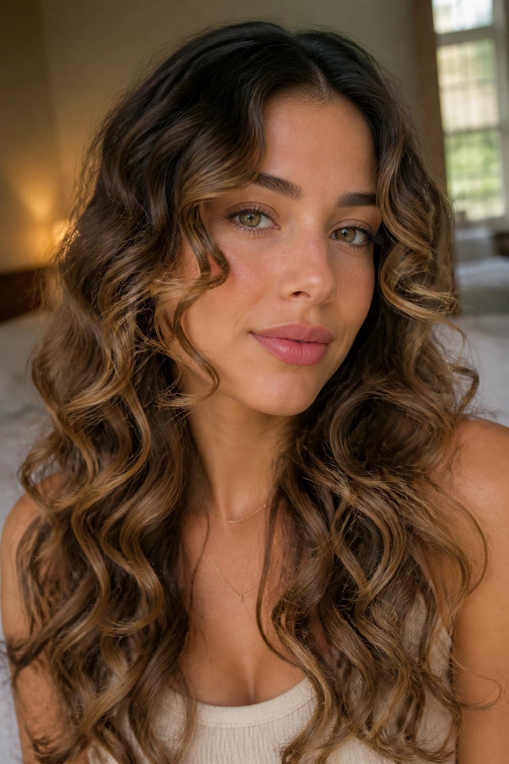 Close-up of a woman with face-framing spiral curls around the temples.